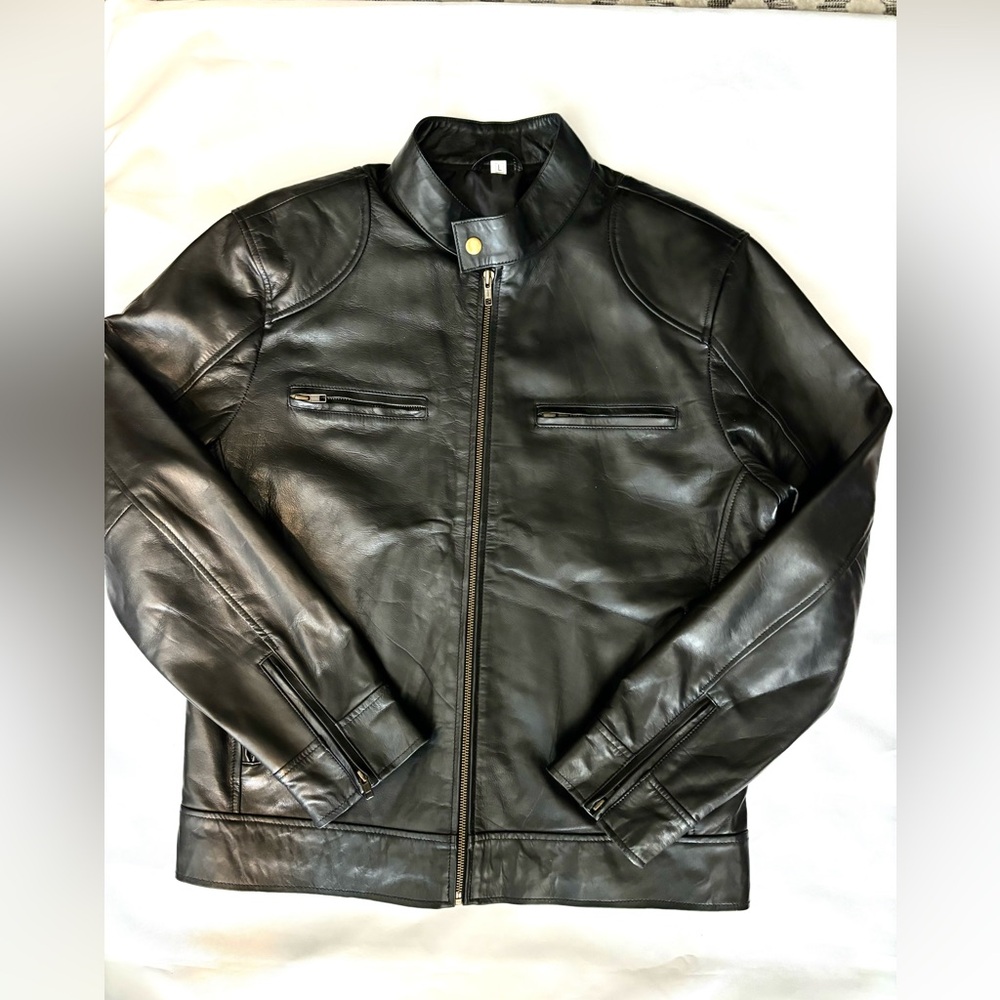 NWOT WOMENS BlACK BIKER LEATHER SHEEPSKIN ZIPPERED RIDING JACKET SZ L - Picture 7 of 16
